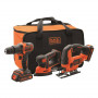 Набір з трьох інструментів BLACK+DECKER, 18 В XR Li-lon, 1.5 А/год, вага 6.96 кг, спецсумка, 2 акумулятори і зарядний пристрій