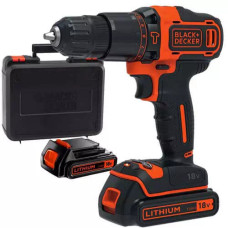 Дриль-шурупокрут BLACK+DECKER, ударний, 18 В, 1.5 А/год, 40 Нм, 360-1400 об/хв, патрон 13 мм, кількість швидкостей - 2, вага 1.3 кг, 2 акумулятора, додаткова рукоятка, зарядний пристрій