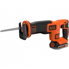 Пила шабельна акумуляторна BLACK + DECKER, 18,0 В Li-ion, 2,5 А/год, швидкість 0-3000 хід/хв, крок полотна 22 мм, опорна рамка, безключова зміна полотна, захист від випадкового спуску, 1 акумулятор, зарядний пристрій