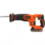 Пила шабельна акумуляторна BLACK + DECKER, 18,0 В Li-ion, 2,5 А/год, швидкість 0-3000 хід/хв, крок полотна 22 мм, опорна рамка, безключова зміна полотна, захист від випадкового спуску, 1 акумулятор, зарядний пристрій