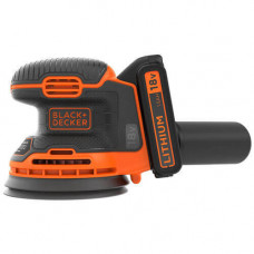 Шліфмашина ексцентрикова BLACK+DECKER, 18 В Li-ion, 12000 об/хв, 125 мм, амплітуда 1.3 мм, вага 0.9 кг, акумулятор, зарядний пристрій, аксесуари