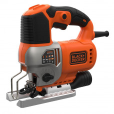 Пила лобзикова мережева BLACK+DECKER, 650 Вт, швидкість 0-3.100 хід/хв, кут розпилювання: 0-45° (фіксація), підошва: відлив, прорезинена рукоятка, фіксація пуску, електронне регулювання швидкості, крок 0-19 мм, макс.
