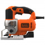 Пила лобзикова мережева BLACK+DECKER, 650 Вт, швидкість 0-3.100 хід/хв, кут розпилювання: 0-45° (фіксація), підошва: відлив, прорезинена рукоятка, фіксація пуску, електронне регулювання швидкості, крок 0-19 мм, макс.
