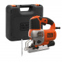 Пила лобзикова мережева BLACK+DECKER, 650 Вт, швидкість 0-3.100 хід/хв, кут розпилювання: 0-45° (фіксація), підошва: відлив, прорезинена рукоятка, фіксація пуску, електронне регулювання швидкості, крок 0-19 мм, макс.