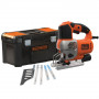 Пила лобзикова мережева BLACK+DECKER, 650 Вт, швидкість 0-3.100 хід/хв, кут розпилювання: 0-45° (фіксація), підошва: відлив, прорезинена рукоятка, фіксація пуску, електронне регулювання швидкості, крок 0-19 мм, макс.