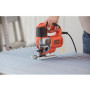 Пила лобзикова мережева BLACK+DECKER, 650 Вт, швидкість 0-3.100 хід/хв, кут розпилювання: 0-45° (фіксація), підошва: відлив, прорезинена рукоятка, фіксація пуску, електронне регулювання швидкості, крок 0-19 мм, макс.