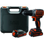 Дриль-шурупокрут акумуляторний BLACK+DECKER, безщітковий, безударний, 18 В, 1.5 А/год, 52 Нм, 410-1650 об/хв, патрон 13 мм швидкозатискний, кількість швидкостей - 2, вага 1.5 кг, 2 акумулятора, зарядний пристрій, вал