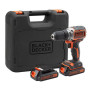 Дриль-шурупокрут акумуляторний BLACK+DECKER, безщітковий, безударний, 18 В, 1.5 А/год, 52 Нм, 410-1650 об/хв, патрон 13 мм швидкозатискний, кількість швидкостей - 2, вага 1.5 кг, 2 акумулятора, зарядний пристрій, вал