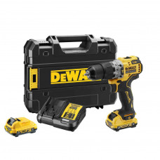 Дриль-шурупокрут DeWALT, безщітковий, ударний, XR Li-ion 12 В, 2 А/год, 57.5 Нм, 425-1500 об/хв, патрон 10 мм швидкозатискний, кількість швидкостей - 2, вага 0.96 кг, 2 акумулятора, зарядний пристрій, валіза