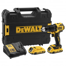 Дриль-шурупокрут DeWALT, безщітковий, ударний, 18 В XR Li-ion, 2 А/год, 65 Нм, 450-1650 об/хв, патрон 13 мм швидкозатискний, кількість швидкостей - 2, вага 1.2 кг, 2 акумулятора, зарядний пристрій, валіза