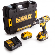 Дриль-шурупокрут DeWALT, безщітковий, ударний, 18 В XR Li-ion, 5 А/год, 70 Нм, 550-2000 об/хв, патрон 13 мм швидкозатискний, кількість швидкостей - 2, вага 1.82 кг, 2 акумулятора, зарядний пристрій, валіза