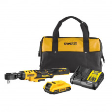 Гайковерт кутовий, ключ-храповик (тріскачка) DeWALT, безщітковий, XR Li-ion 18 В, 95 Нм, 0-250 об/хв, розмір тримача насадок 1/2 зі шплінтом, кількість швидкостей - 1, довжина руків'я - 360 мм, вага 1.1 кг, 1 акумуля