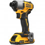 Шурупокрут ударний акумуляторний DeWALT, 18 В XR Li-ion, безщітковий, 2 А/год, 192 Нм, 3200 об/хв, 4200 уд/хв, розмір тримача насадок 6.35 мм (1/4), кількість швидкостей - 1, вага 0.88 кг, 2 акумулятори, зарядний при