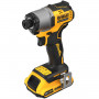 Шурупокрут ударний акумуляторний DeWALT, 18 В XR Li-ion, безщітковий, 2 А/год, 192 Нм, 3200 об/хв, 4200 уд/хв, розмір тримача насадок 6.35 мм (1/4), кількість швидкостей - 1, вага 0.88 кг, 2 акумулятори, зарядний при