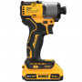 Шурупокрут ударний акумуляторний DeWALT, 18 В XR Li-ion, безщітковий, 2 А/год, 192 Нм, 3200 об/хв, 4200 уд/хв, розмір тримача насадок 6.35 мм (1/4), кількість швидкостей - 1, вага 0.88 кг, 2 акумулятори, зарядний при