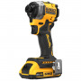 Шурупокрут ударний акумуляторний DeWALT, 18 В XR Li-ion, безщітковий, 206 Нм, 2 А/год, 3250 об/хв, 3800 уд, розмір тримача насадок 6.35 мм (1/4), кількість швидкостей - 3, вага 0.95 кг, 2 акумулятори, зарядний пристр