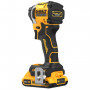 Шурупокрут ударний акумуляторний DeWALT, 18 В XR Li-ion, безщітковий, 206 Нм, 2 А/год, 3250 об/хв, 3800 уд, розмір тримача насадок 6.35 мм (1/4), кількість швидкостей - 3, вага 0.95 кг, 2 акумулятори, зарядний пристр