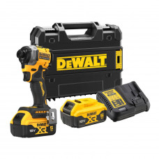 Шурупокрут ударний акумуляторний DeWALT, 18 В XR Li-ion, безщітковий, 206 Нм, 5 А/год, 3250 об/хв, 3800 уд, розмір тримача насадок 6.35 мм (1/4), кількість швидкостей - 3, вага 0.95 кг, 2 акумулятори, зарядний пристр
