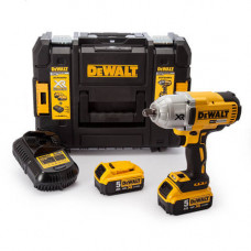 Гайковерт ударний DeWALT, безщітковий, XR Li-ion 18 В, 5 А/год, 950 Нм, 400 / 1200 / 1900 об/хв, 2400 уд/хв, розмір тримача насадок 1/2, кількість швидкостей - 3, вага 3.22 кг, 2 акумулятора, зарядний пристрій, валіз