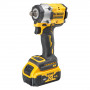 Гайковерт ударний DeWALT, безщітковий, XR Li-ion 18 В, 406 Нм, 5 А/год, 2500 об/хв, 3550 уд/хв, розмір тримача насадок 1/2 зі стопорним кільцем, кількість швидкостей - 2+2 режими, вага 1.1 кг, 2 акумулятори, зарядний