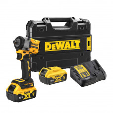 Гайковерт ударний DeWALT, безщітковий, XR Li-ion 18 В, 406 Нм, 5 А/год, 2500 об/хв, 3550 уд/хв, розмір тримача насадок 1/2 зі шплінтом, кількість швидкостей - 2+2 режими, вага 1.1 кг, 2 акумулятори, зарядний пристрій