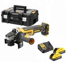 Шліфмашина кутова акумуляторна безщіткова DeWALT, 18 B XR Li-ion 5 А/год, d = 125 мм, 9000 об/хв, 2 акумулятори PowerStack 5 А/год, зарядний пристрій, TSTAK, вага 1.74 кг