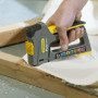 Степлер STANLEY "LIGHT DUTY/HEAVYDUTY/CABLE/BRADS TR75 FATMAX® 6 В 1" тип кріплення: скоби тип A, G, H: 6-14мм, скоба типу 7: 12-14 мм, цвяхи типу J: 15 мм, шпильки типу 9: 15 мм.