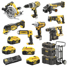 Набір з восьми інструментів DeWALT, 18 В XR Li-ion, 5 А/год, вага 43.5 кг, 3 валізи ToughSystem, 4 акумулятори і зарядний пристрій