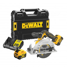 Пила дискова акумуляторна DeWALT, 12В XR Li-ion, безщіткова, 5 А/год, діаметр диска 140 х 20 мм, 3600 об/хв, вага 2.2 кг, 2 акумулятори, зарядний пристрій, валіза TSTAK