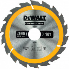 Диск пилковий DeWALT, CONSTRUCTION, розмір 165 х 30 мм, кількість зубів 18, кут заточування 20 градусів, геометрія зуба ATB, швидке різання.