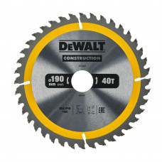 Диск пилковий DeWALT, СONSTRUCTION, розмір 190 х 30 мм, кількість зубів 40, геометрія зубів ATB, кут заточування градусів 10, максимальне число оборотів 7000 об/хв,