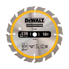 Диск пилковий DeWALT, СONSTRUCTION, розмір 136 х 10, кількість зубів 16, геометрія зубів ATB, кут заточування градусів 20, максимальне число оборотів 7000 об/хв