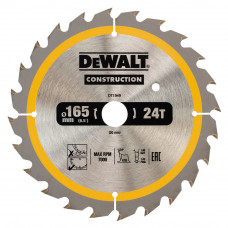 Диск пилковий DeWALT CONSTRUCTION, розмір 165 х 20 мм, кількість зубів 24, геометрія зуба ATB, кут заточування 20 градусів