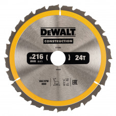 Диск пилковий DeWALT CONSTRUCTION, розмір 216 х 30 мм, кількість зубів 24, геометрія зуба ATB, кут заточування -5 градусів