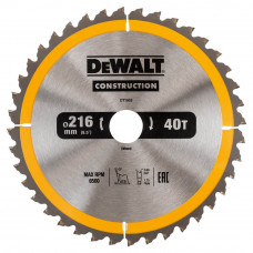 Диск пилковий DeWALT, СONSTRUCTION, розмір 216 х 30 мм, 40 зубів, кут заточування -5 градусів, геометрія зуба ATB, універсальне застосування