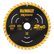 Диск пилковий DeWALT, EXTREME, розмір 210 х 30 мм, кількість зубів 40, кут заточування 7 градусів, геометрія зуба ATB, максимальне число обертів 7000 об/хв