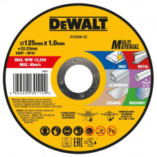 Круг відрізний DeWalt, MULTI-MATERIAL, нержавіюча сталь/метал/алюміні/ кераміка/цегляна кладка/ПВХ, D=125мм., товщина 1мм., d посадкового отвіра 22,23мм.,